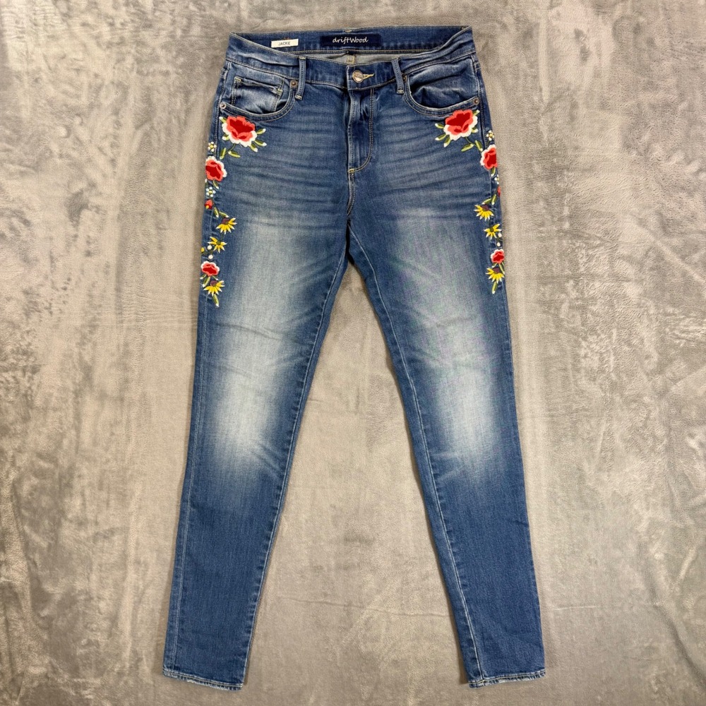 Driftwood Jackie Skinny Jeans Women's Size 27 Blue Floral Embroidered Med Wash